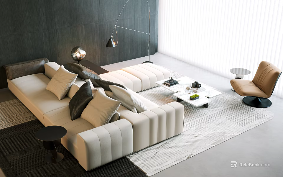 Modern Light Sofa Coffee Table Set With Decorative Pillows Floor Lamp And Area Rug 3d model 