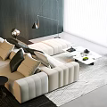 Modern Light Sofa Coffee Table Set With Decorative Pillows Floor Lamp And Area Rug