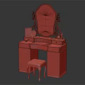 Wooden Carved Dressing Table with Oval Mirror Red Stool and Decorative Items on Top