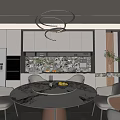 Modern Restaurant Interior With Round Dining Table Chairs Marble Backsplash And Hanging Pendant Lights 3d model