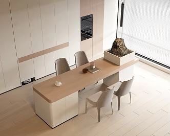Bar Dining Table and Chair Combination Nakajima Bar Solid Wood Dining Table Fabric Dining Chair Solid Wood Background Storage Cabinet Oven Metal Chandelier Sweeper Coffee Cup Stereo Stone 3d model