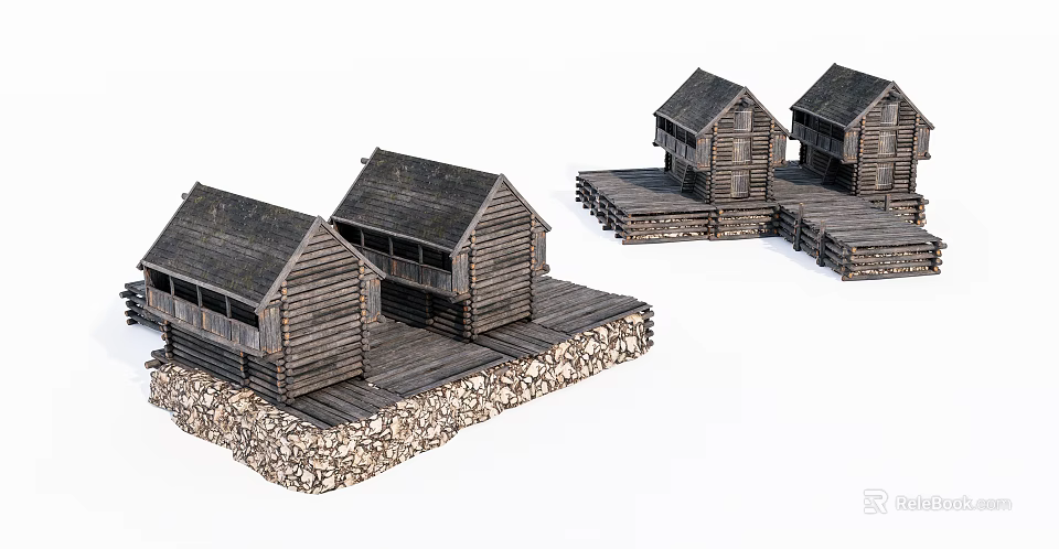 Group of Rustic Wooden Cabins with Stone Base and Elevated Platforms 3d model 