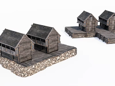 Group of Rustic Wooden Cabins with Stone Base and Elevated Platforms 3d model