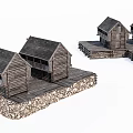 Group of Rustic Wooden Cabins with Stone Base and Elevated Platforms 3d model