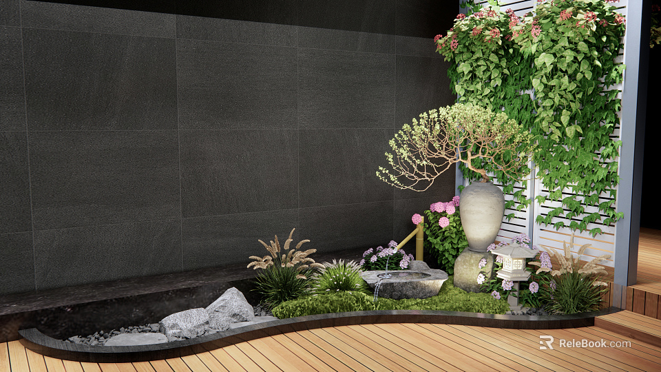 Tranquil Courtyard Garden With Dark Stone Wall Climbing Plants Light Pottery Moss And Wooden Deck 3d model 
