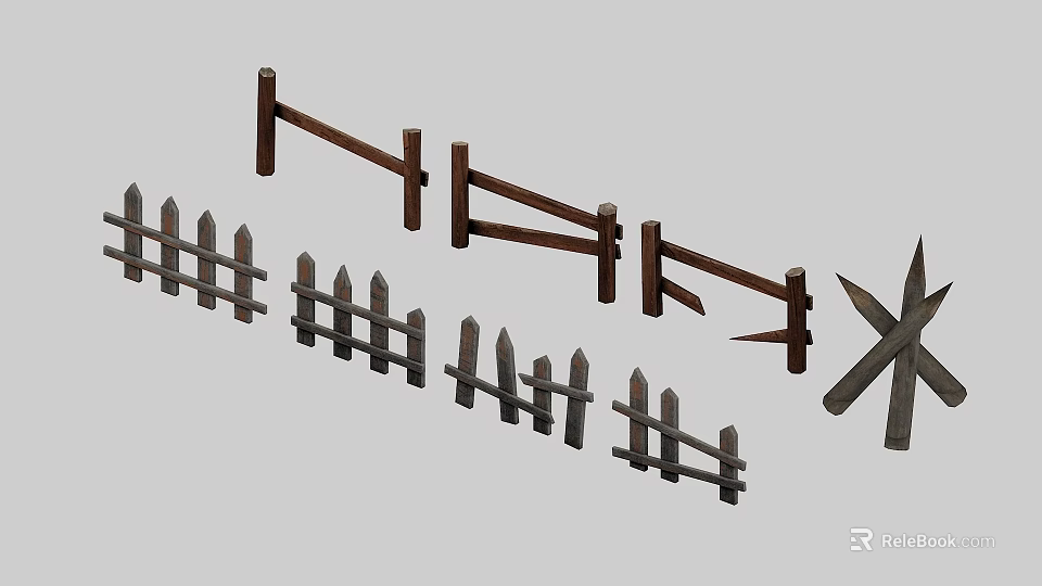 Different Wooden Garden Fence Styles With Pointed Tops And Crossed Rails 3d model 