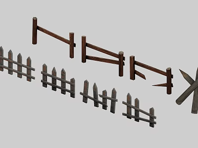Different Wooden Garden Fence Styles With Pointed Tops And Crossed Rails 3d model