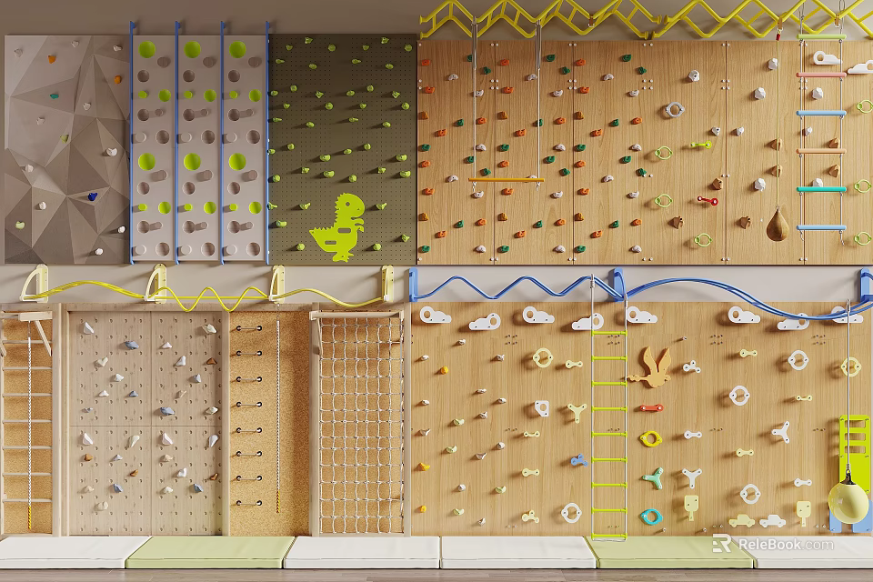 Kids Play Area With Various Climbing Walls Dinosaur Motifs Colorful Holds And Wooden Panels 3d model 