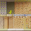 Kids Play Area With Various Climbing Walls Dinosaur Motifs Colorful Holds And Wooden Panels