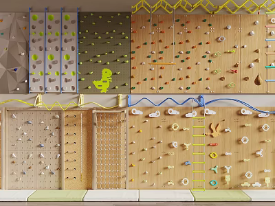 Kids Play Area With Various Climbing Walls Dinosaur Motifs Colorful Holds And Wooden Panels 3d model