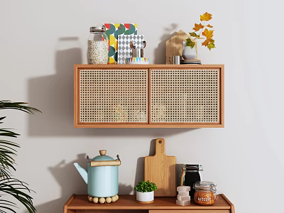 Wooden Wall Mounted Storage Cabinet With Rattan Doors And Decorative Jars Plants 3d model