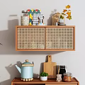 Wooden Wall Mounted Storage Cabinet With Rattan Doors And Decorative Jars Plants