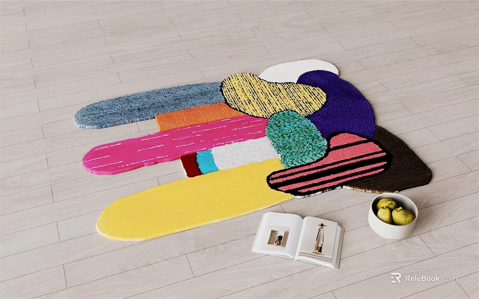 Colorful Geometric Decorative Rug on Wooden Floor with Books and Fruit Bowl 3d model 