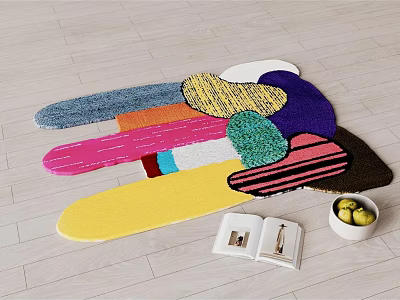 Colorful Geometric Decorative Rug on Wooden Floor with Books and Fruit Bowl 3d model
