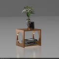 Modern Wooden Side Table with Round Cutouts Vase of White Flowers Photo Frame and Books