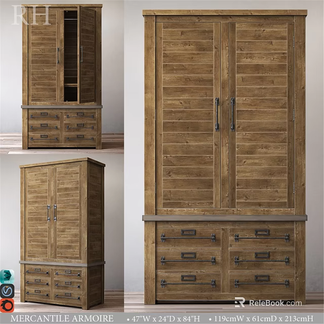 Rustic Wooden Chest of Drawers With Multiple Storage Drawers And Cabinet Doors 3d model 