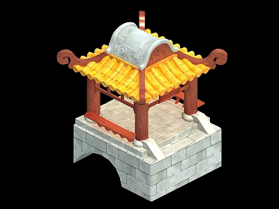 Traditional Ancient Architecture With Yellow Tiled Roof And Red Pillars On Stone Base 3d model
