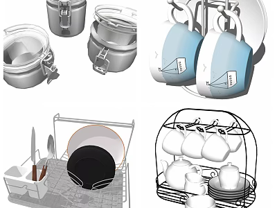 Essential Kitchenware Set With Stainless Steel Containers Blue Mugs Dish Racks And Utensil Holders 3d model