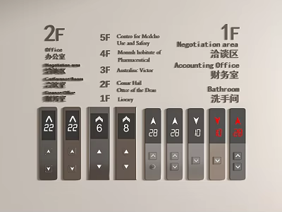 Switch Panels with Floor Indicators Area Labels Arrows Numbers for Building Navigation 3d model