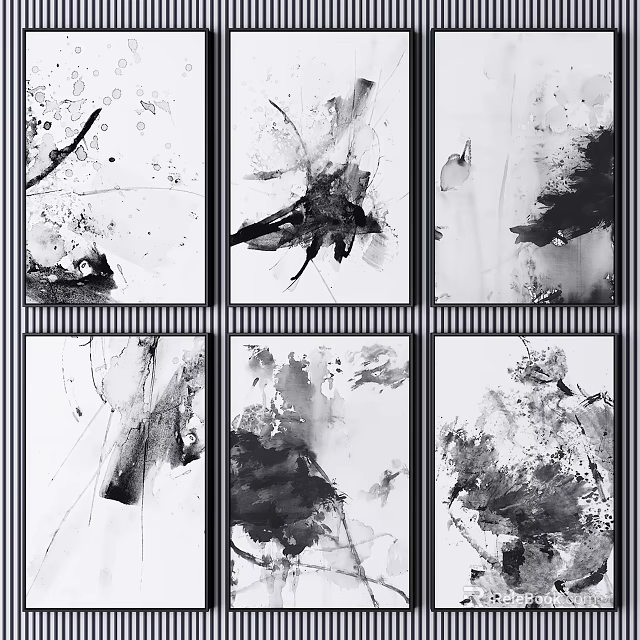 Multiple Abstract Paintings With Black White Ink Brushstrokes And Framed Grid Arrangement 3d model