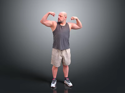 Muscular Man Flexing Biceps In Gray Tank Top Beige Shorts And White Sneakers 3d model