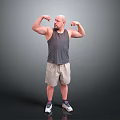 Muscular Man Flexing Biceps In Gray Tank Top Beige Shorts And White Sneakers