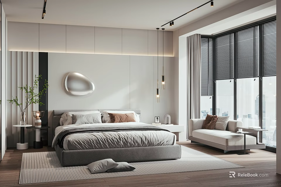 Modern Bedroom Interior with Large Bed Accent Wall Floor-to-Ceiling Windows and Blinds 3d model 