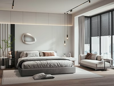 Modern Bedroom Interior with Large Bed Accent Wall Floor-to-Ceiling Windows and Blinds 3d model