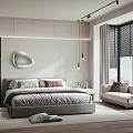 Modern Bedroom Interior with Large Bed Accent Wall Floor-to-Ceiling Windows and Blinds