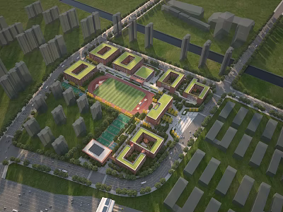 Modern School Buildings Campus Layout With Sports Field And Green Spaces Surrounded By Urban Area 3d model