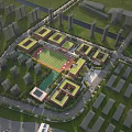 Modern School Buildings Campus Layout With Sports Field And Green Spaces Surrounded By Urban Area