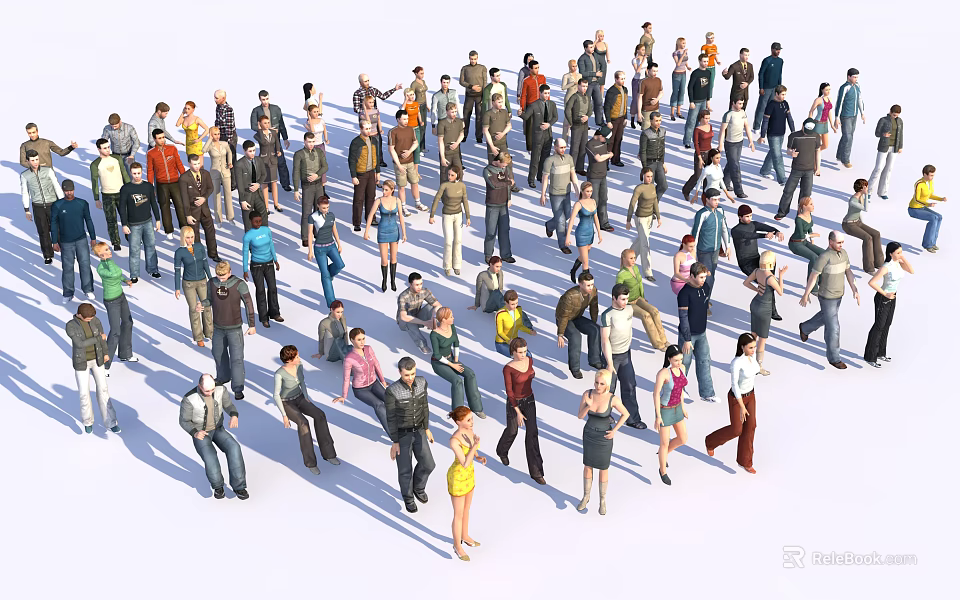 Group of Diverse People in Various Poses and Different Clothing Standing Together 3d model 