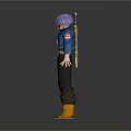 Anime Style Game Character With Purple Hair Blue Jacket Black Pants Yellow Boots And Weapon