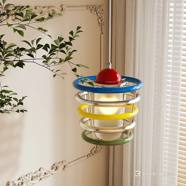 Colorful Layered Ring Chandelier With Red Top Illuminated Center By Green Plant And White Curtain 3d model 