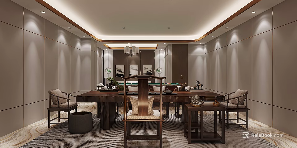 Traditional Chinese Hotel Mahjong Room Interior Design With Wooden Furniture And Decorative Paintings 3d model 