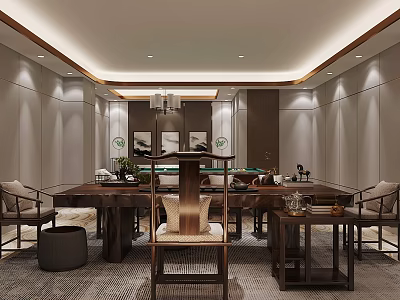 Traditional Chinese Hotel Mahjong Room Interior Design With Wooden Furniture And Decorative Paintings 3d model
