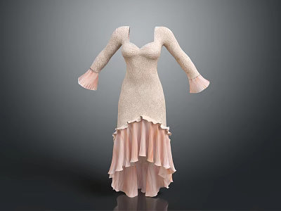 Elegant Beige Fitted Long Sleeve Dress With Pink Flared Cuffs Ruffled Asymmetric Hem Sparkling Fabric 3d model