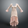 Elegant Beige Fitted Long Sleeve Dress With Pink Flared Cuffs Ruffled Asymmetric Hem Sparkling Fabric