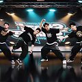 Energetic Group of Men Dancing on Stage with Bright Lights and Breakin Stars