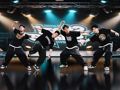 Energetic Group of Men Dancing on Stage with Bright Lights and Breakin Stars 3d model