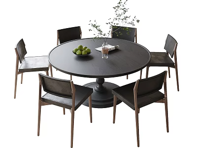Modern Round Dining Table and Chair Set with Green Fruits Bowl and Plant Vase 3d model