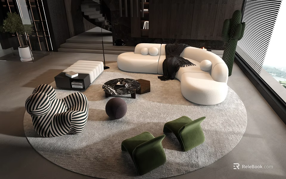 Modern Living Room White Sofa And Coffee Table Set With Round Rug Green Stools 3d model 