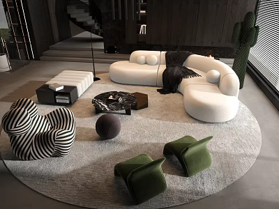 Modern Living Room White Sofa And Coffee Table Set With Round Rug Green Stools 3d model