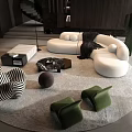 Modern Living Room White Sofa And Coffee Table Set With Round Rug Green Stools