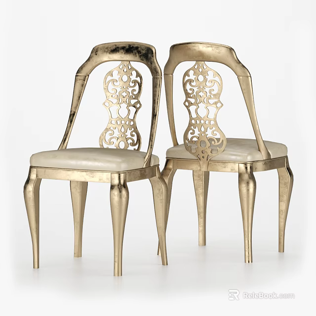 Luxury Gold Plated Metal Dining Chairs With Intricate Carved Backrest And Beige Leather Seat 3d model 