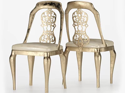 Luxury Gold Plated Metal Dining Chairs With Intricate Carved Backrest And Beige Leather Seat 3d model