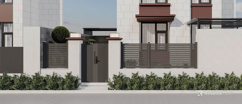 Modern Garden Landscape with White Wall Black Gate and Green Bushes in Front of House 3d model 