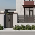 Modern Garden Landscape with White Wall Black Gate and Green Bushes in Front of House