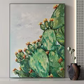 Vibrant Plant Painting of Green Cactus with Yellow Flowers and Blue Sky Background