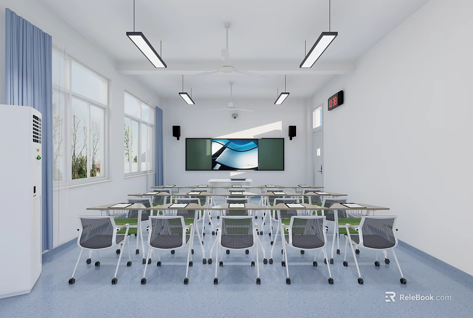 School Modern Classroom Interior With Neat Desks And Chairs Large Screen Windows And Lighting 3d model 